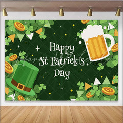 Lofaris Happy St. Patrick’s Day Backdrop Green Top Hat and Beer Mug with Gold Coins Clover Decor