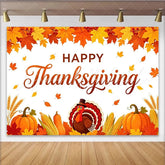 Lofaris Happy Thanksgiving Backdrop with Autumn Leaves and Cartoon Turkey Harvest Festival Photo Background for Family Dinner Party Decor