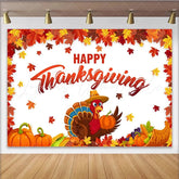 Lofaris Happy Thanksgiving Backdrop with Cartoon Turkey and Pumpkins Autumn Leaves Harvest Background for Family Dinner Party Decor