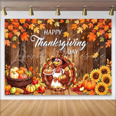 Lofaris Happy Thanksgiving Day Backdrop with Cartoon Turkey and Autumn Leaves Rustic Wooden Plank Background for Fall Harvest Party Decor