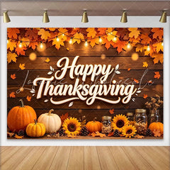 Lofaris Happy Thanksgiving Wooden Backdrop with Autumn Leaves and String Lights Harvest Festival Photography Background for Fall Party Decor