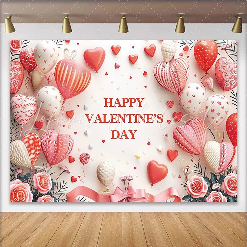 Lofaris Happy Valentine’s Day Party Backdrop with Red Heart Balloons Pink Roses and Romantic Ribbon Decor