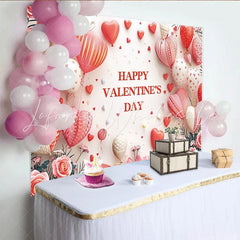 Lofaris Happy Valentine’s Day Party Backdrop with Red Heart Balloons Pink Roses and Romantic Ribbon Decor