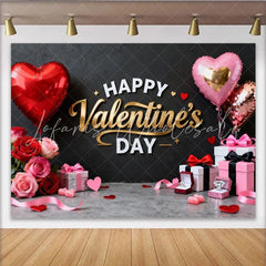 Lofaris Happy Valentine’s Day Black and Gold Party Backdrop with Red Pink Hearts and Roses Romantic Celebration