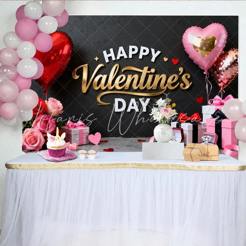 Lofaris Happy Valentine’s Day Black and Gold Party Backdrop with Red Pink Hearts and Roses Romantic Celebration