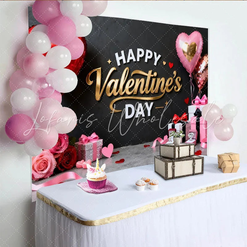 Lofaris Happy Valentine’s Day Black and Gold Party Backdrop with Red Pink Hearts and Roses Romantic Celebration