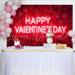 Lofaris Happy Valentine’s Day Neon Sign Backdrop Red Rose Floral Wall for Romantic Party Decoration Sweet Heart Photography Prop