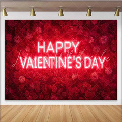 Lofaris Happy Valentine’s Day Neon Sign Backdrop Red Rose Floral Wall for Romantic Party Decoration Sweet Heart Photography Prop