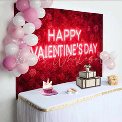 Lofaris Happy Valentine’s Day Neon Sign Backdrop Red Rose Floral Wall for Romantic Party Decoration Sweet Heart Photography Prop