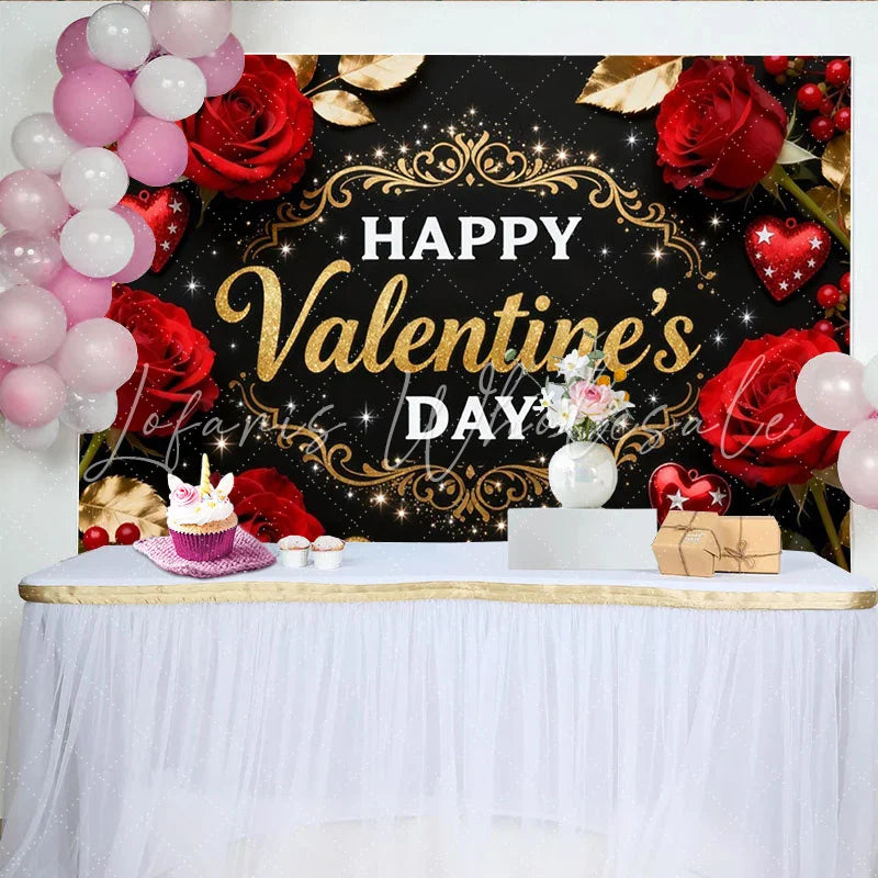 Lofaris Happy Valentine’s Day Party Backdrop with Red Roses and Gold Glitter Hearts Black Background Decor