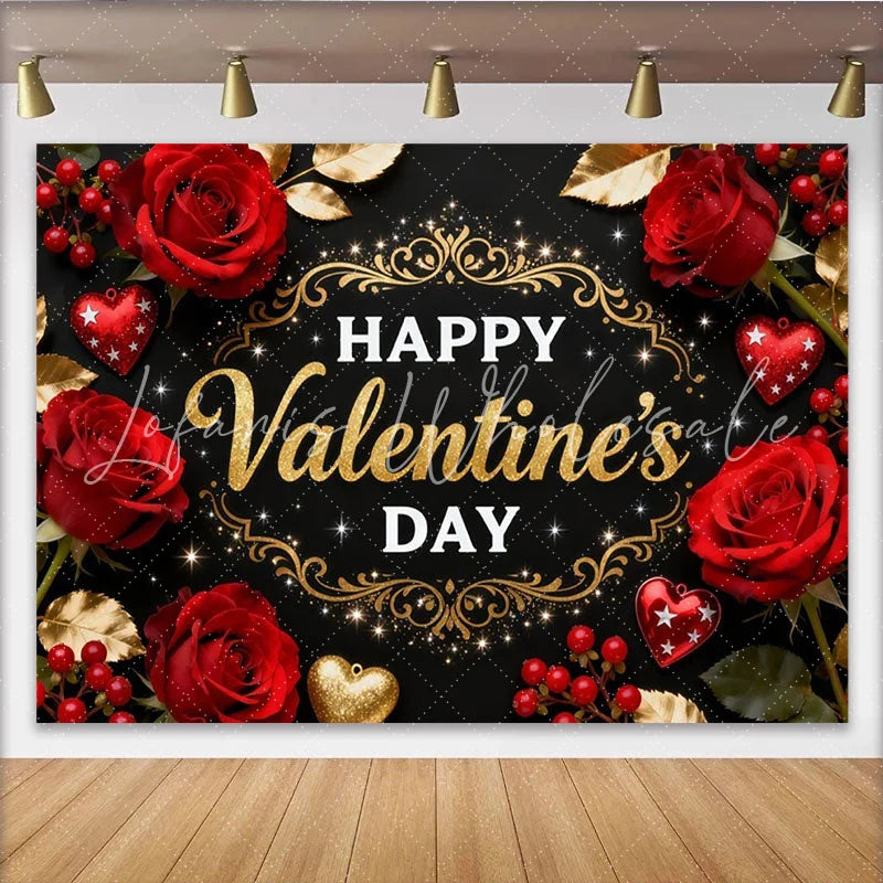Lofaris Happy Valentine’s Day Party Backdrop with Red Roses and Gold Glitter Hearts Black Background Decor