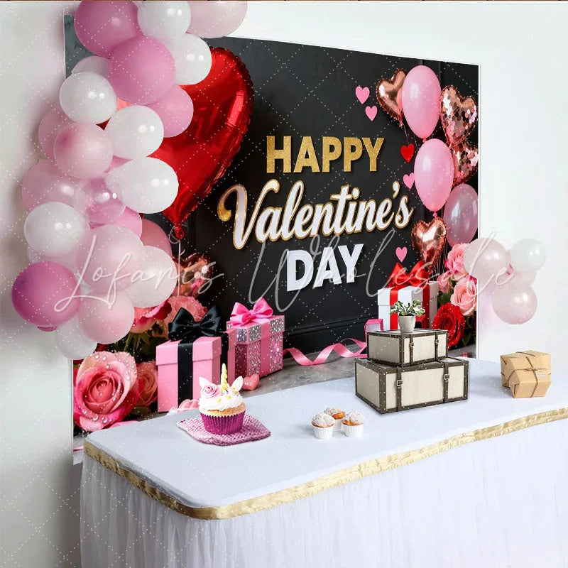 Lofaris Happy Valentine’s Day Red and Pink Hearts Roses Gifts Party Backdrop Romantic Celebration Decor