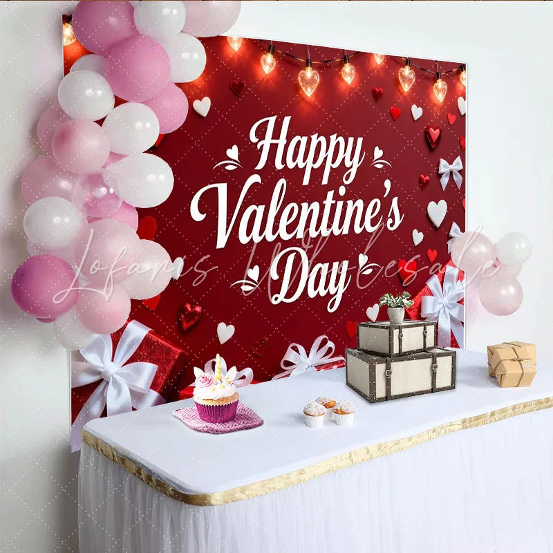 Lofaris Happy Valentine’s Day Red and White Hearts and Gift Boxes Party Backdrop Romantic Love Celebration Decor