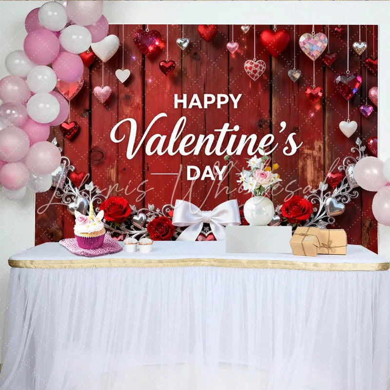 Lofaris Happy Valentine’s Day Red Wood Party Backdrop Romantic Hanging Hearts Roses and Elegant Silver Garland Decor