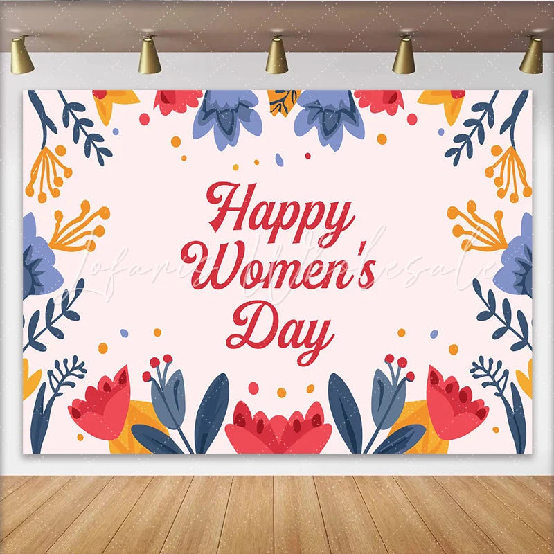 Lofaris Happy Womens Day Backdrop Colorful Floral Border Frame International Womens Day Celebration