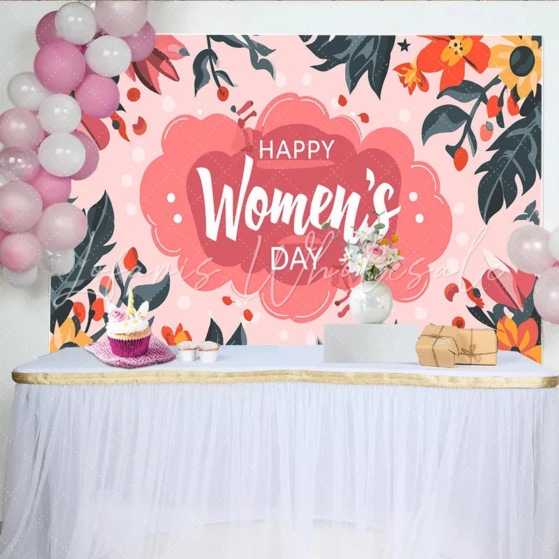 Lofaris Happy Womens Day Backdrop Vibrant Pink Cloud and Floral Border International Womens Day Banner