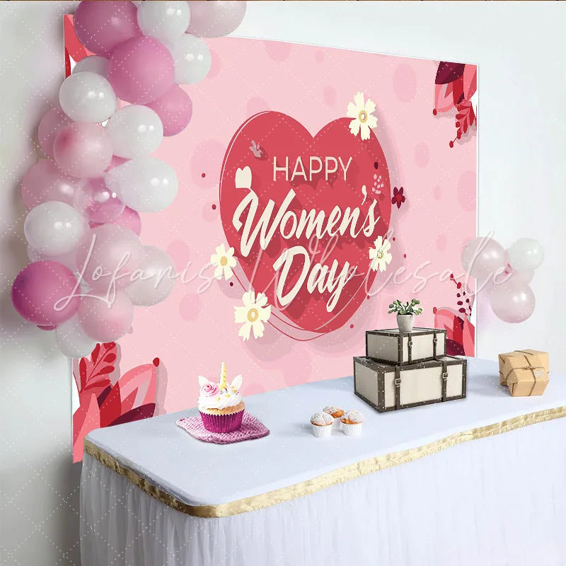 Lofaris Happy Womens Day Heart and Floral Backdrop Romantic Spring Party Decor Love Theme Celebration Background