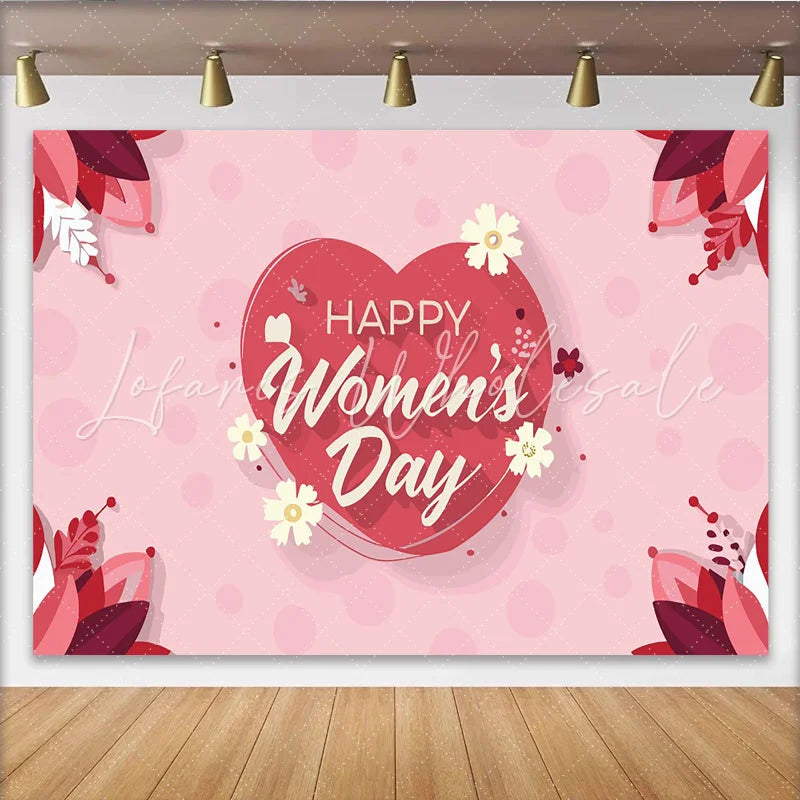 Lofaris Happy Womens Day Heart and Floral Backdrop Romantic Spring Party Decor Love Theme Celebration Background