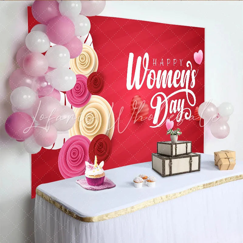 Lofaris Happy Womens Day Paper Cut Roses Backdrop Elegant Red Floral Party Decor 3D Flower Celebration Background