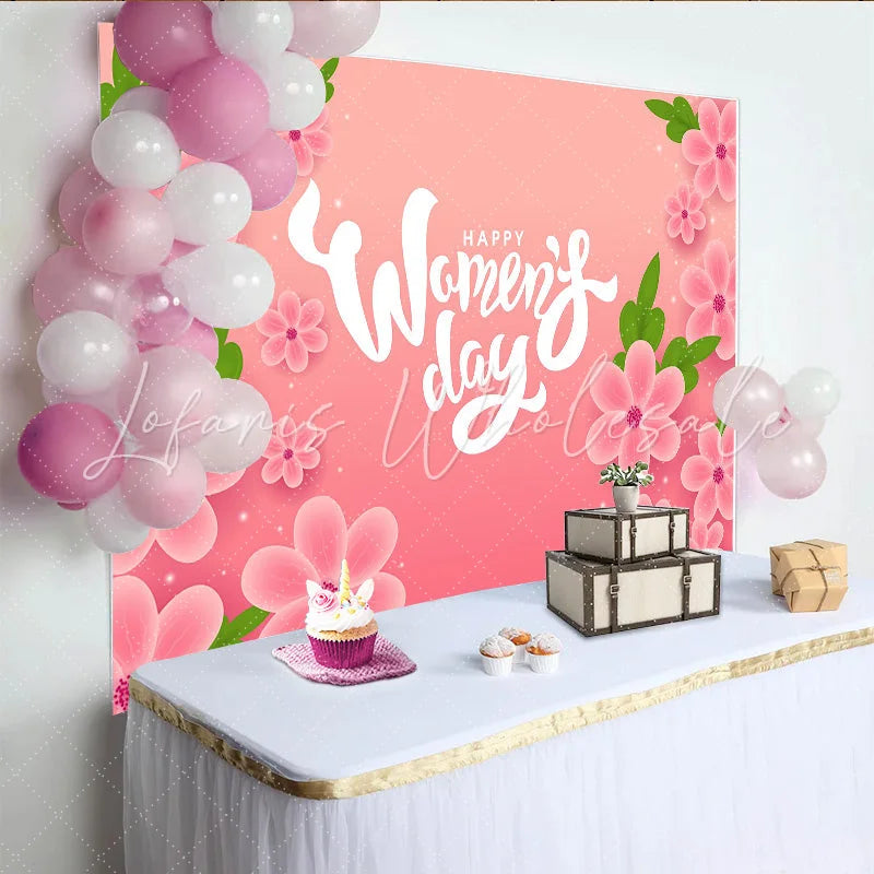 Lofaris Happy Womens Day Pink Cherry Blossom Backdrop Spring Floral Party Decor Elegant Celebration Background