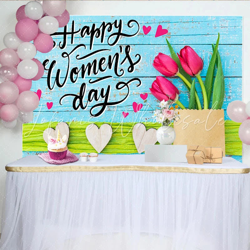 Lofaris Happy Womens Day Tulip Photography Backdrop Blue Wood and Hearts Photo Background
