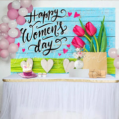 Lofaris Happy Womens Day Tulip Photography Backdrop Blue Wood and Hearts Photo Background