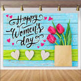 Lofaris Happy Womens Day Tulip Photography Backdrop Blue Wood and Hearts Photo Background