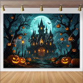 Lofaris Haunted Castle Halloween Backdrop with Full Moon and Jack-o’-Lanterns Eerie Night Party Decor Background for Photoshoots
