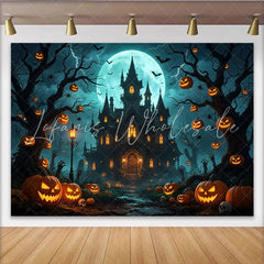 Lofaris Haunted Castle Halloween Backdrop with Full Moon and Jack-o’-Lanterns Eerie Night Party Decor Background for Photoshoots