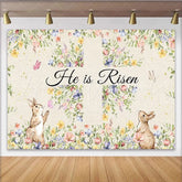 Lofaris He is Risen Floral Cross and Bunnies Party Backdrop Watercolor Spring Easter Celebration Decor