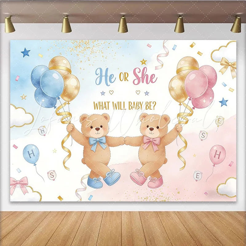 Lofaris He or She Teddy Bear Baby Shower Backdrop Blue and Pink Balloons Party Background for Gender Reveal Photoshoot.