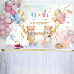 Lofaris He or She Teddy Bear Baby Shower Backdrop Blue and Pink Balloons Party Background for Gender Reveal Photoshoot.