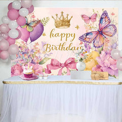 Lofaris Heart Balloon Birthday Backdrop Watercolor Butterfly Crown Background Sweet Girl Party Photography Prop