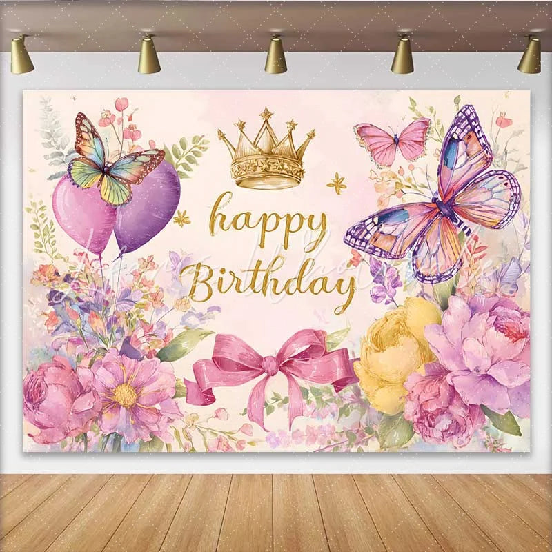 Lofaris Heart Balloon Birthday Backdrop Watercolor Butterfly Crown Background Sweet Girl Party Photography Prop
