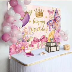 Lofaris Heart Balloon Birthday Backdrop Watercolor Butterfly Crown Background Sweet Girl Party Photography Prop