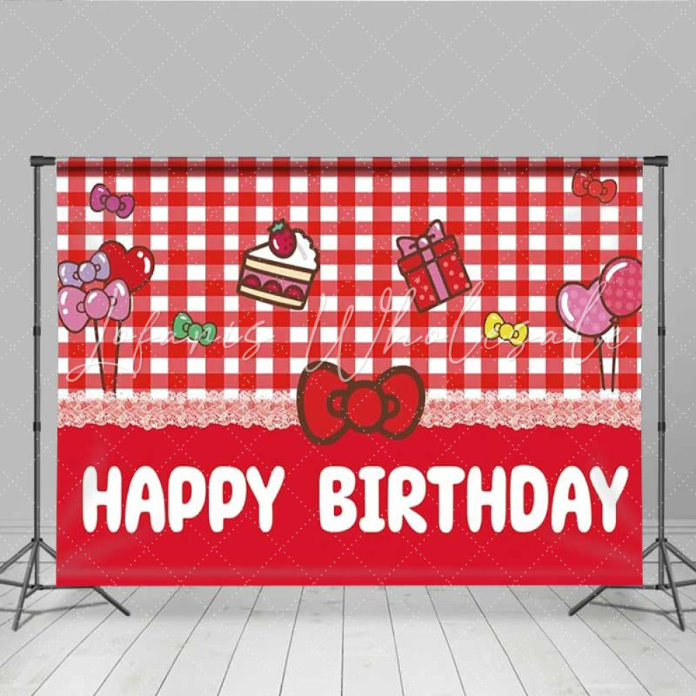 Lofaris Hello Kitty Inspired Happy Birthday Backdrop Sanrio Themed with Red Gingham Cute Cartoon Cat Party Photo Prop
