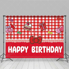 Lofaris Hello Kitty Inspired Happy Birthday Backdrop Sanrio Themed with Red Gingham Cute Cartoon Cat Party Photo Prop