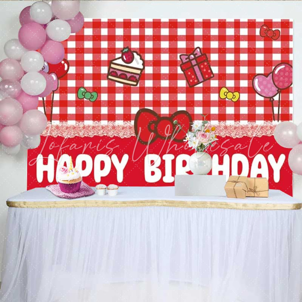 Lofaris Hello Kitty Inspired Happy Birthday Backdrop Sanrio Themed with Red Gingham Cute Cartoon Cat Party Photo Prop