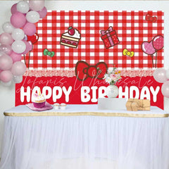 Lofaris Hello Kitty Inspired Happy Birthday Backdrop Sanrio Themed with Red Gingham Cute Cartoon Cat Party Photo Prop