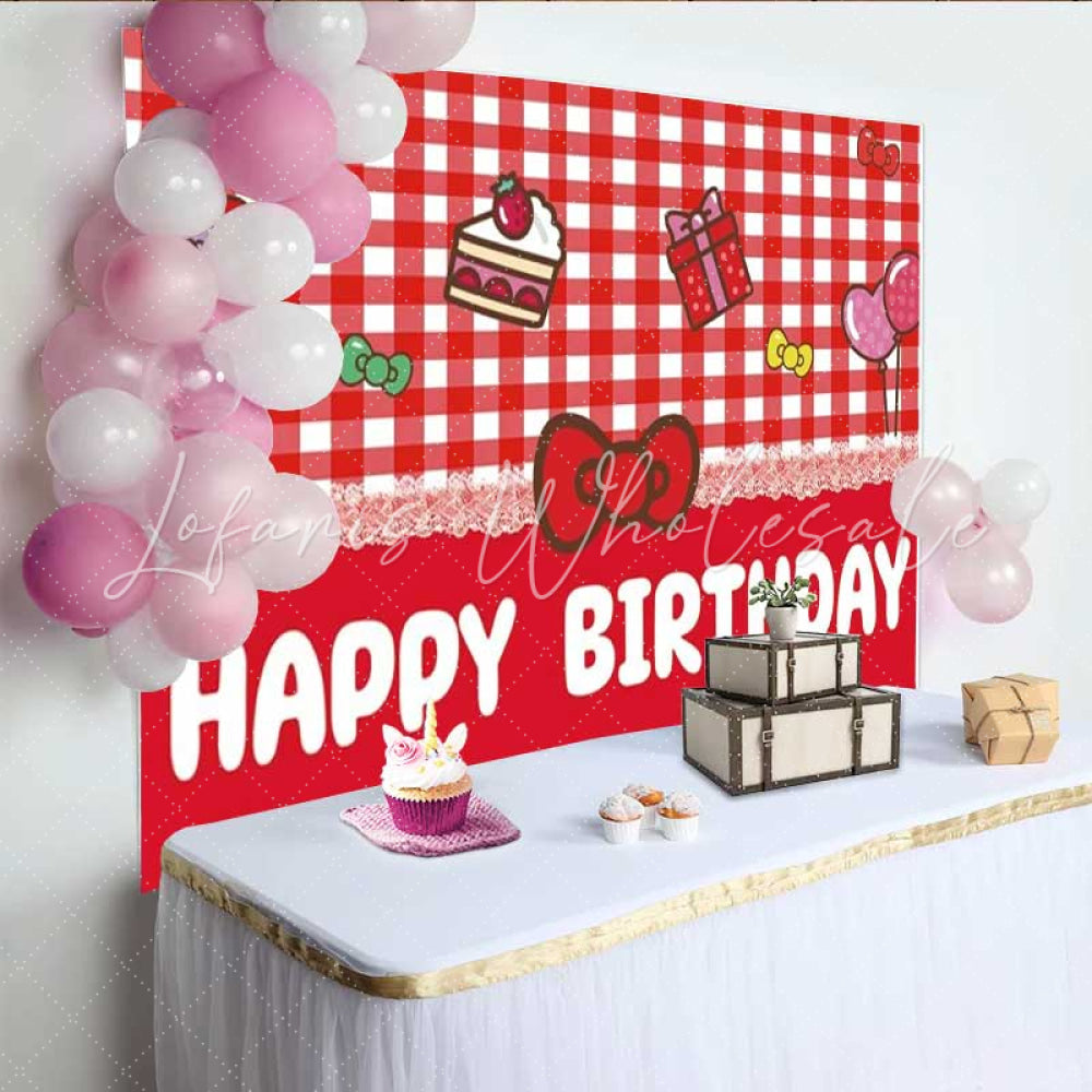 Lofaris Hello Kitty Inspired Happy Birthday Backdrop Sanrio Themed with Red Gingham Cute Cartoon Cat Party Photo Prop