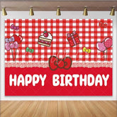 Lofaris Hello Kitty Inspired Happy Birthday Backdrop Sanrio Themed with Red Gingham Cute Cartoon Cat Party Photo Prop