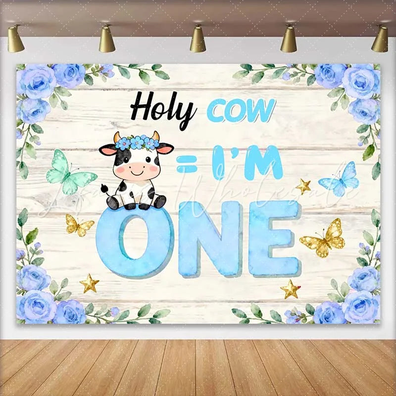 Lofaris Holy Cow I am One Birthday Backdrop Blue Floral Cow Theme for Boy 1st Birthday Cake Smash