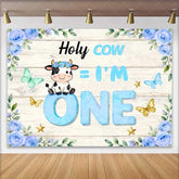 Lofaris Holy Cow I am One Birthday Backdrop Blue Floral Cow Theme for Boy 1st Birthday Cake Smash