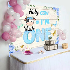 Lofaris Holy Cow I am One Birthday Backdrop Blue Floral Cow Theme for Boy 1st Birthday Cake Smash