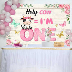 Lofaris Holy Cow I am One Birthday Backdrop Pink Floral Cow Theme for Girl 1st Birthday Cake Smash