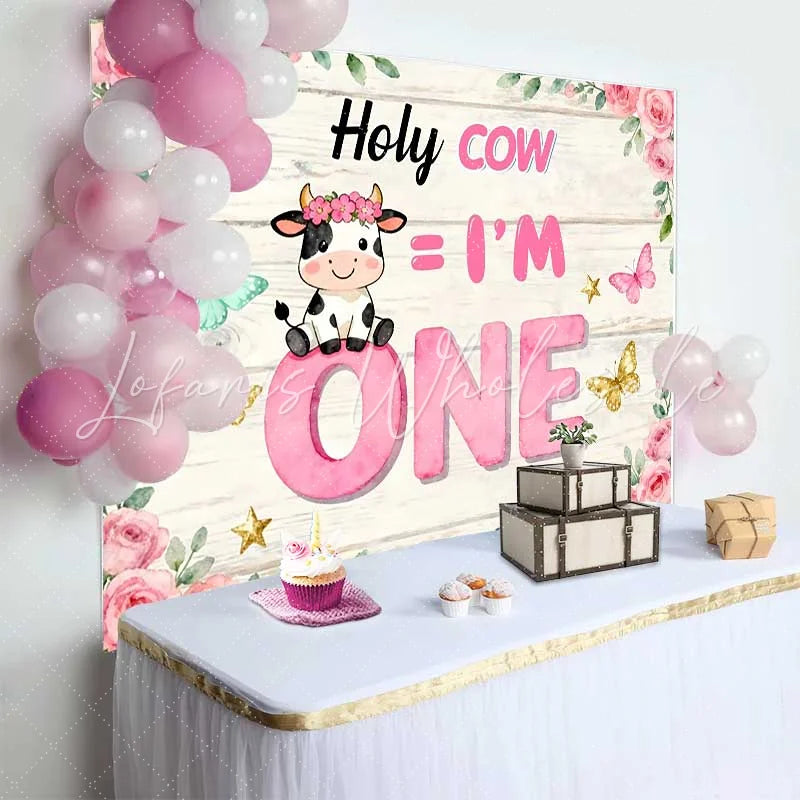 Lofaris Holy Cow I am One Birthday Backdrop Pink Floral Cow Theme for Girl 1st Birthday Cake Smash