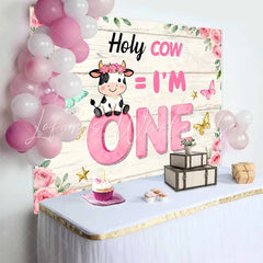 Lofaris Holy Cow I am One Birthday Backdrop Pink Floral Cow Theme for Girl 1st Birthday Cake Smash