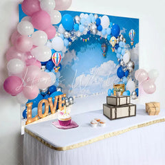 Lofaris Hot Air Balloon Theme Cake Smash Backdrop LOVE Marquee Sign and Blue Sky Clouds Background