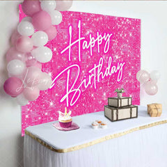 Lofaris Hot Pink Sparkle Happy Birthday Backdrop Doll Themed Party with Glitter Barbie Inspired Glam Photo Prop Decor