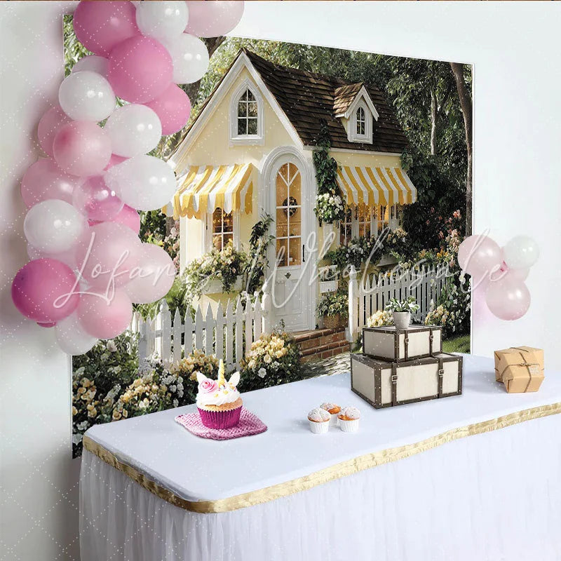 Lofaris Idyllisches Gelbes Häuschen Blumen Garten Zaun Partyhintergrund für Kindergeburtstage und Babypartys